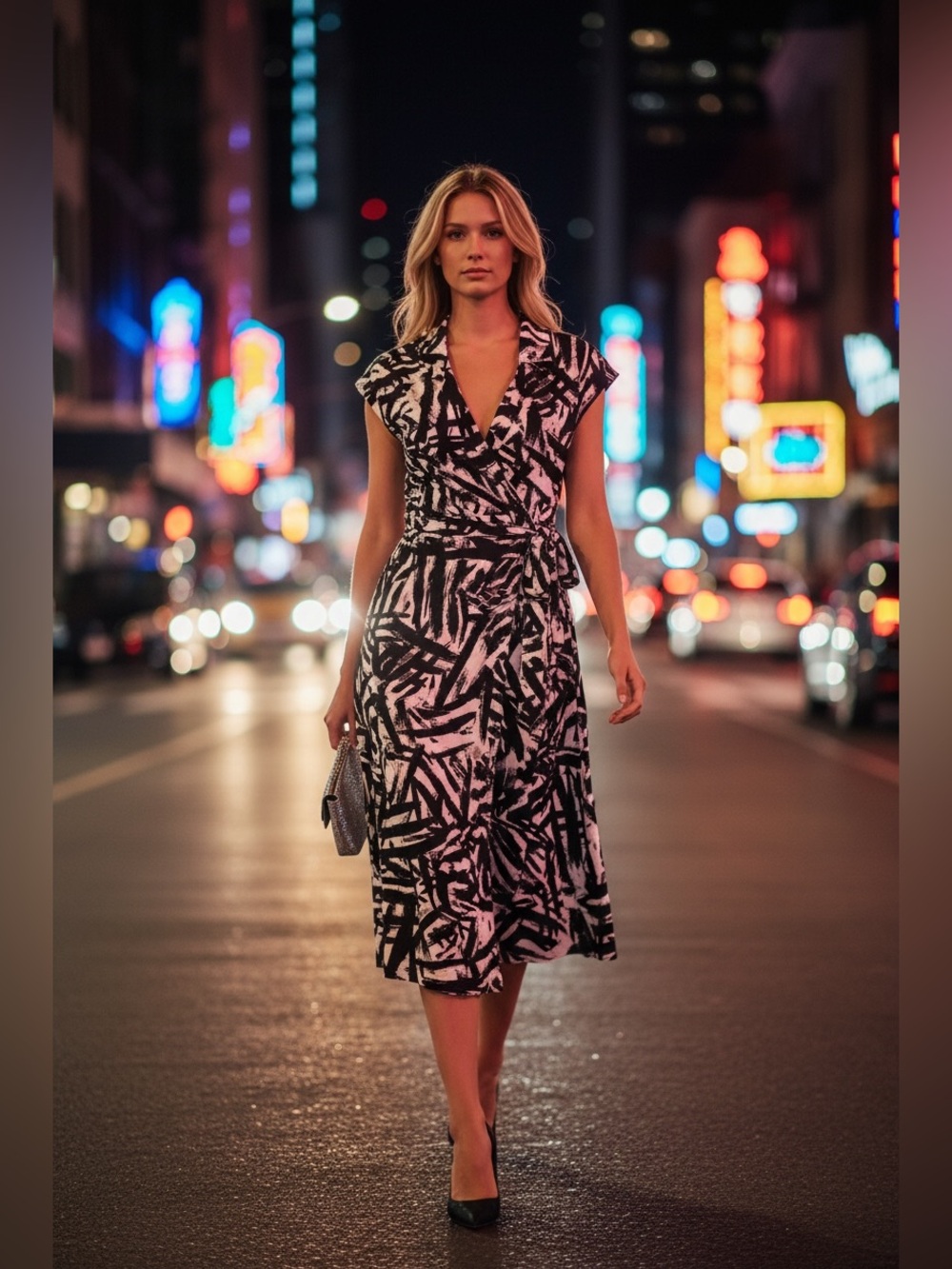 Women’s Eliza J Black & White Abstract Wrap Dress
